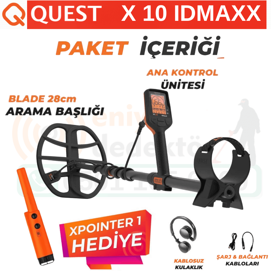Quest Metal Detectors X10 IDmaxX Dedektör + XPointer 1 + Kulaklık (Avantajlı Paket)