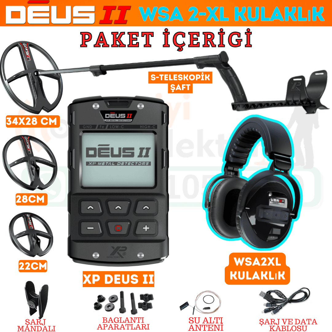 Deus 2 Dedektör - 34x28cm FMF Başlık, Ana Kontrol Ünitesi, WSA2XL Kulaklık